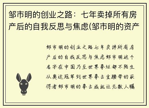 邹市明的创业之路：七年卖掉所有房产后的自我反思与焦虑(邹市明的资产)